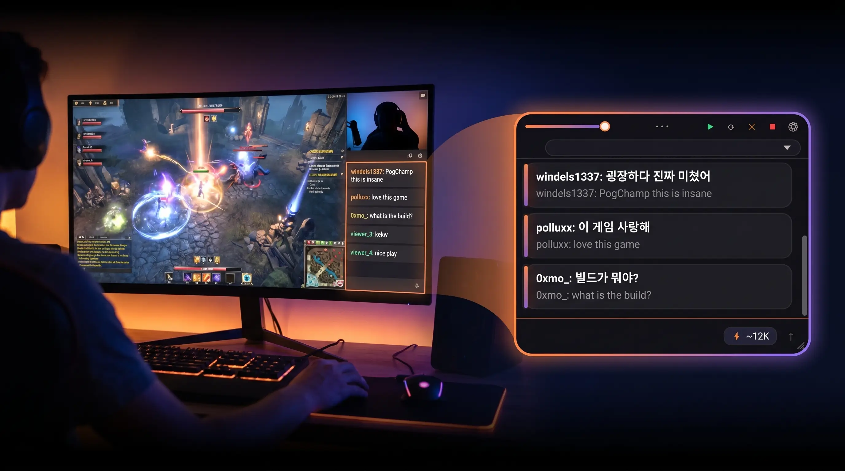Babelarc Chat-Box Translate framing a livestream chat sidebar, translating English viewer messages to Korean in real time
