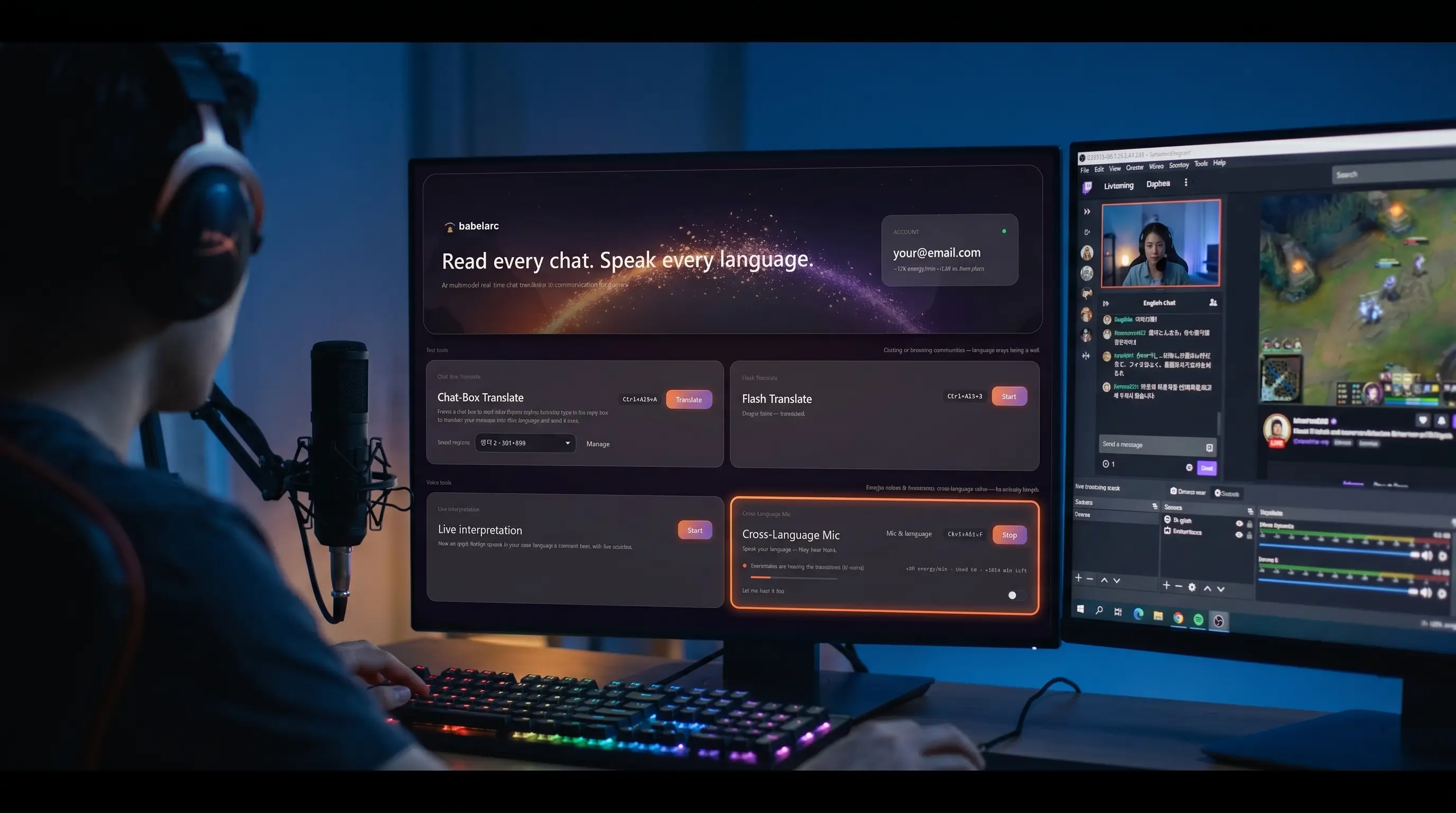 Babelarc Cross-Language Mic running at an OBS streamer workstation, translating voice in real time between a host and a foreign-language co-stream guest